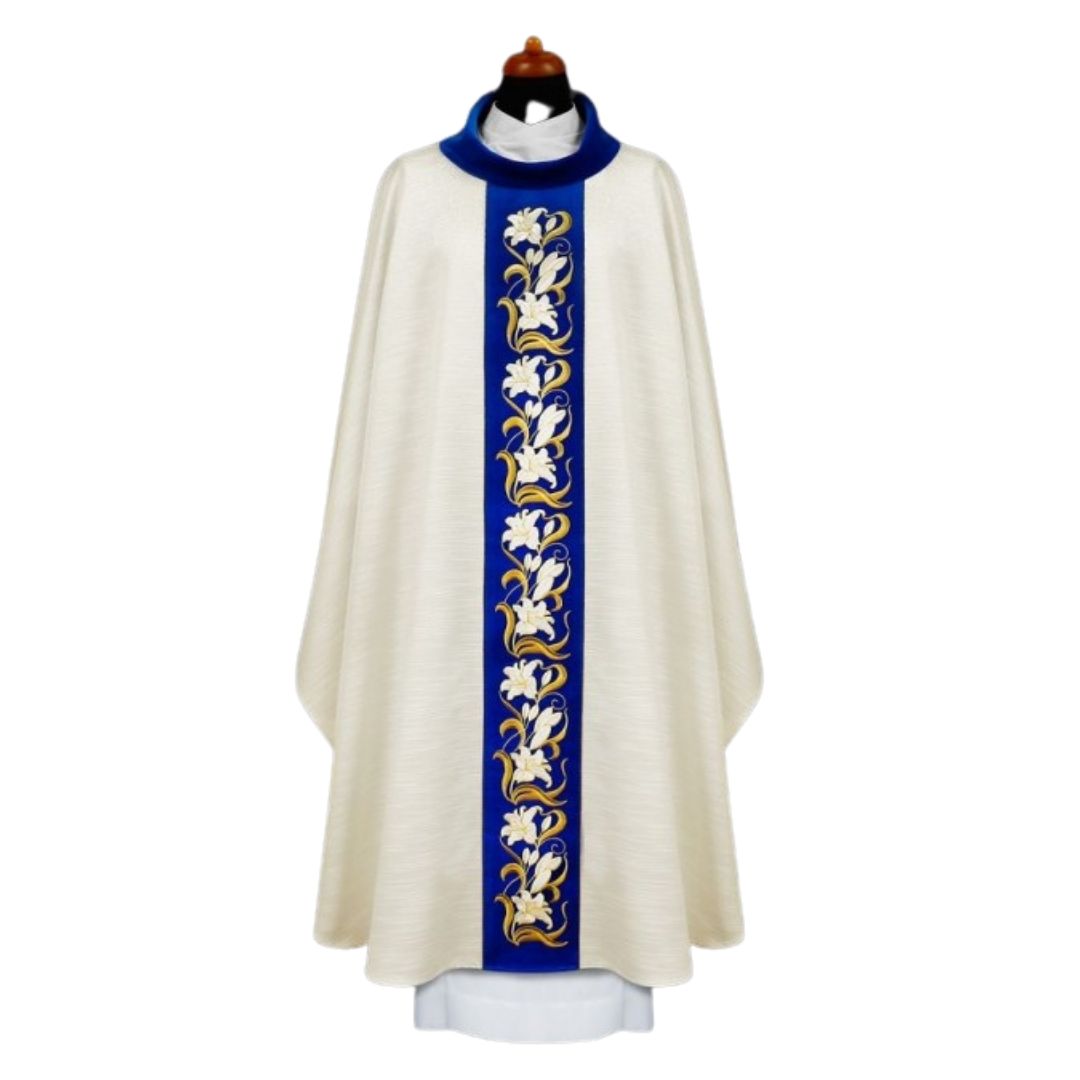 Marian chasuble with embroidered Lilly's on blue velvet orphrey.