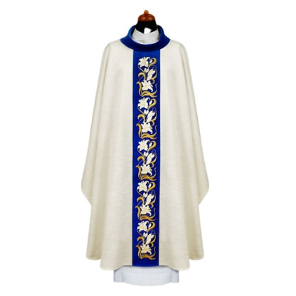 Marian chasuble with embroidered Lilly's on blue velvet orphrey.
