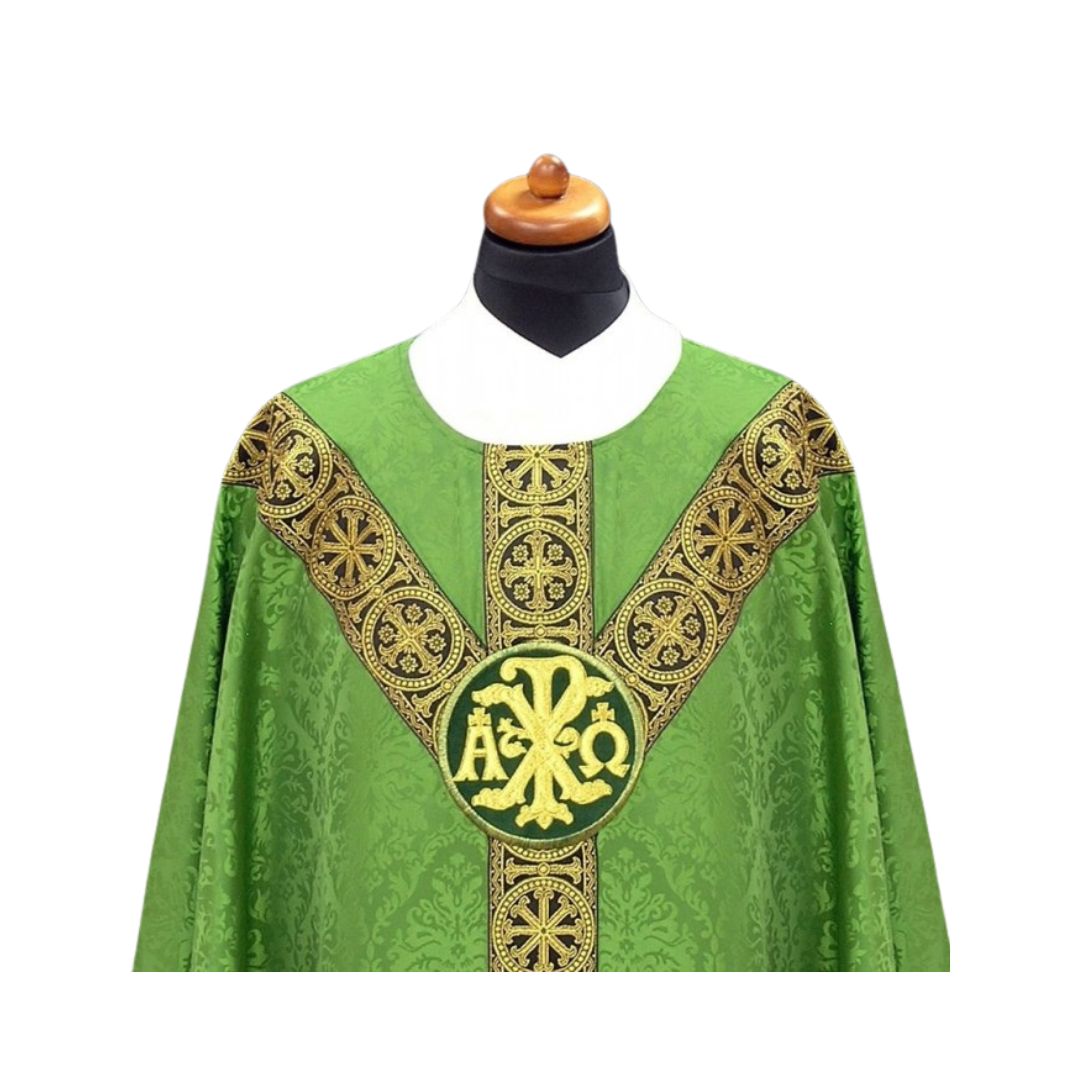 Chasuble with embroidered chi rho and alpha omega on damask. Made in Poland and sold by The Clergy Store