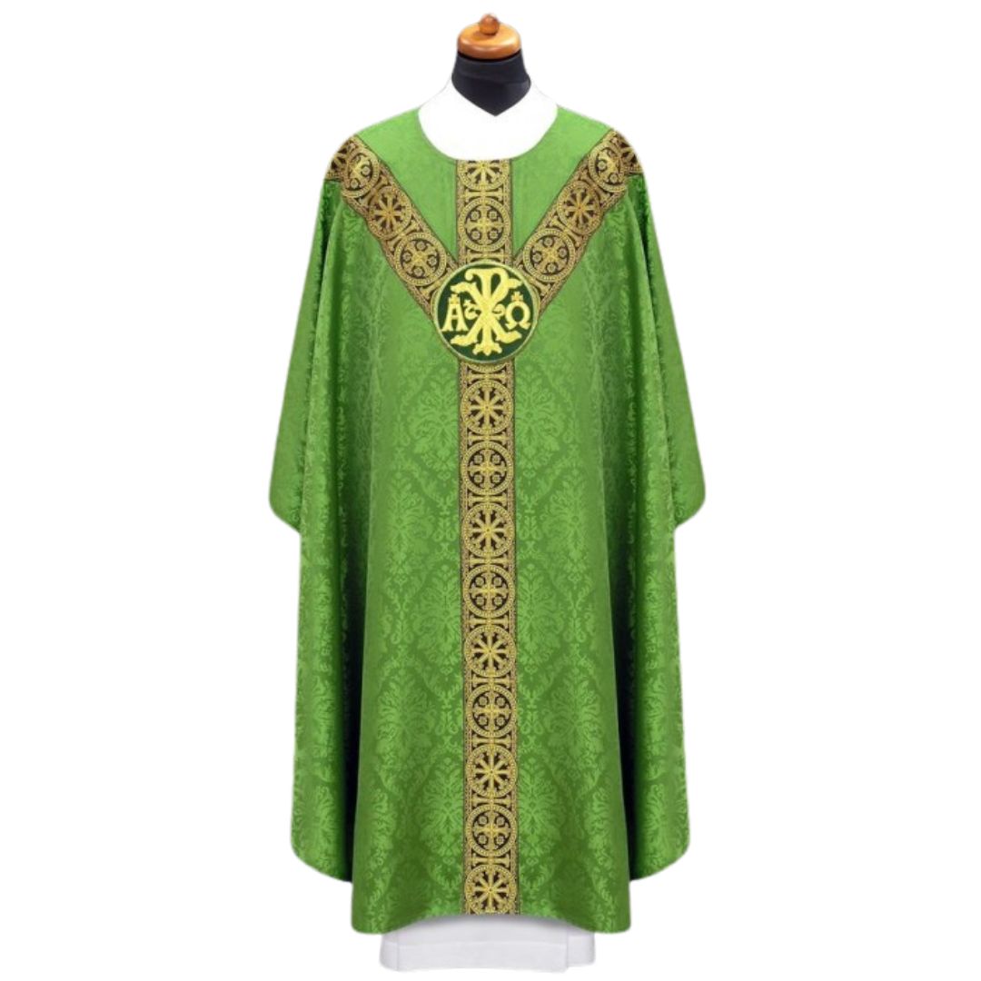 Chasuble with embroidered chi rho and alpha omega on damask. Made in Poland and sold by The Clergy Store