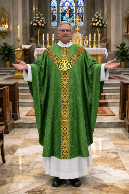 Chi Rho and Alpha Omega priest in green liturgical  gothic vestment with gold embroidery in a church setting