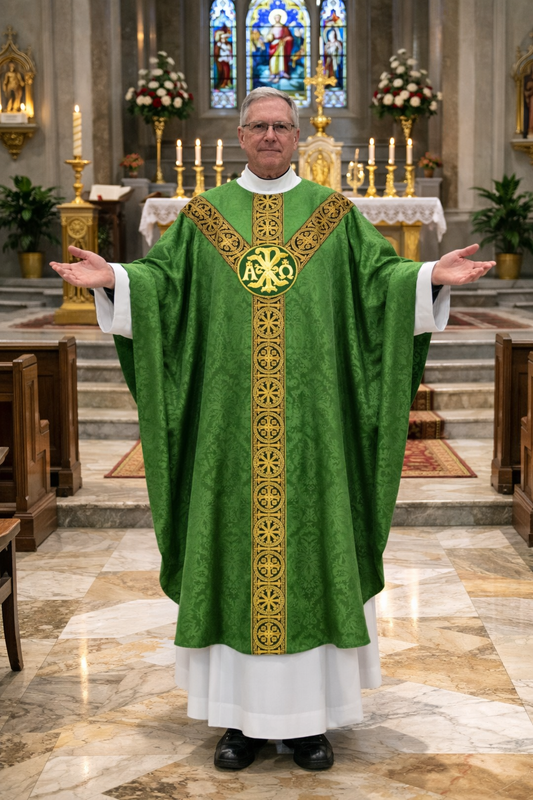 Chi Rho and Alpha Omega priest in green liturgical  gothic vestment with gold embroidery in a church setting