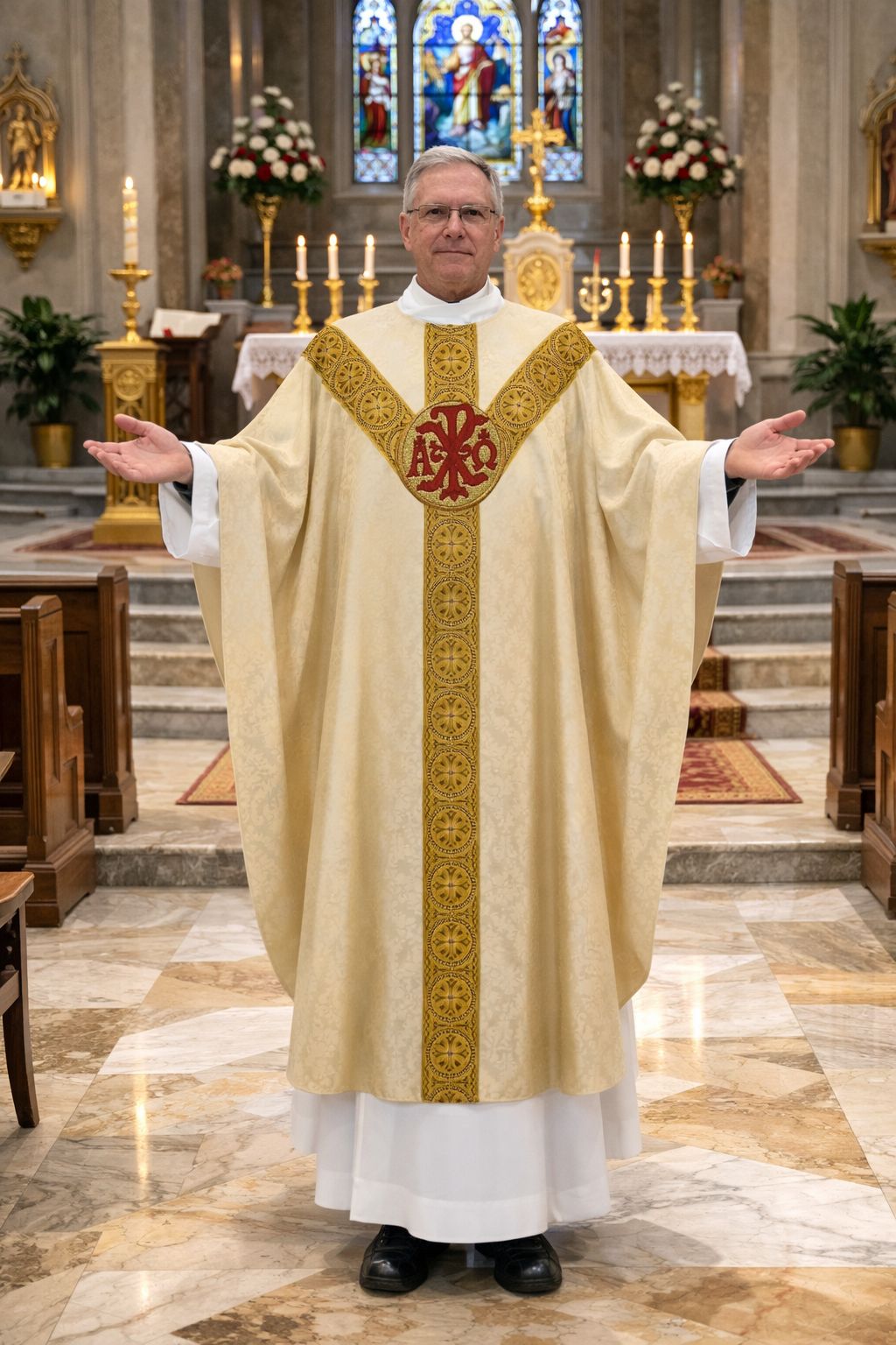 Chi Rho and Alpha Omega priest in ivory liturgical  gothic vestment with gold embroidery in a church setting