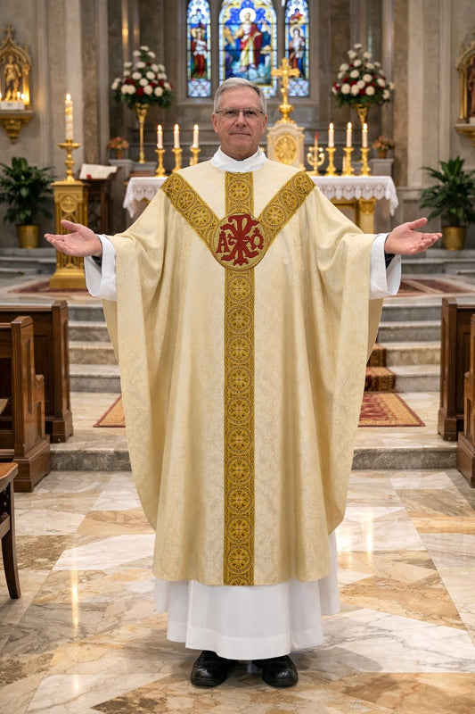 Chi Rho and Alpha Omega priest in ivory liturgical  gothic vestment with gold embroidery in a church setting