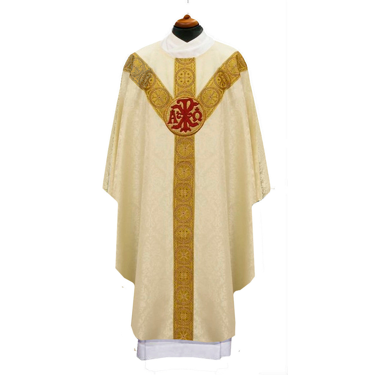 Chasuble with embroidered chi rho and alpha omega on damask. Made in Poland and sold by The Clergy Store