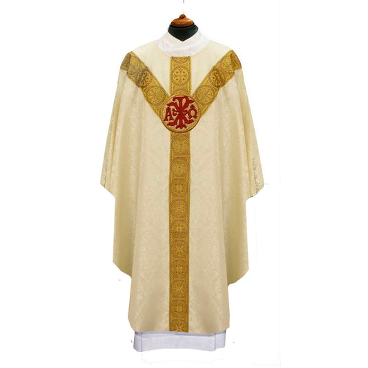 Chasuble with embroidered chi rho and alpha omega on damask. Made in Poland and sold by The Clergy Store