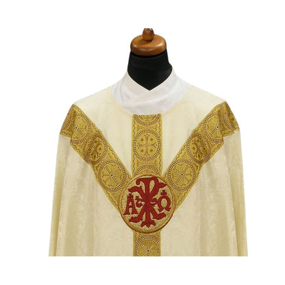 Chasuble with embroidered chi rho and alpha omega on damask. Made in Poland and sold by The Clergy Store