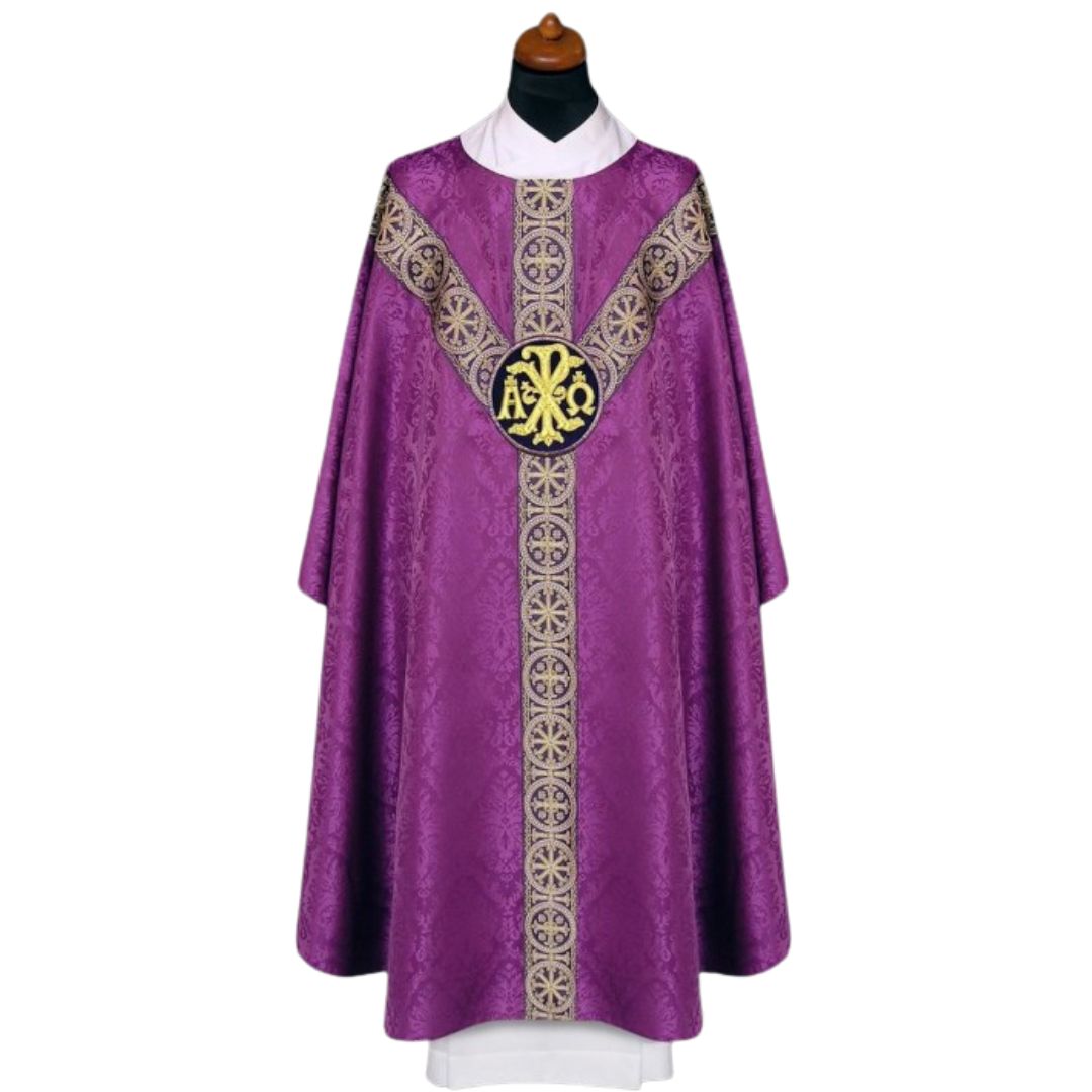 Chasuble with embroidered chi rho and alpha omega on damask. Made in Poland and sold by The Clergy Store