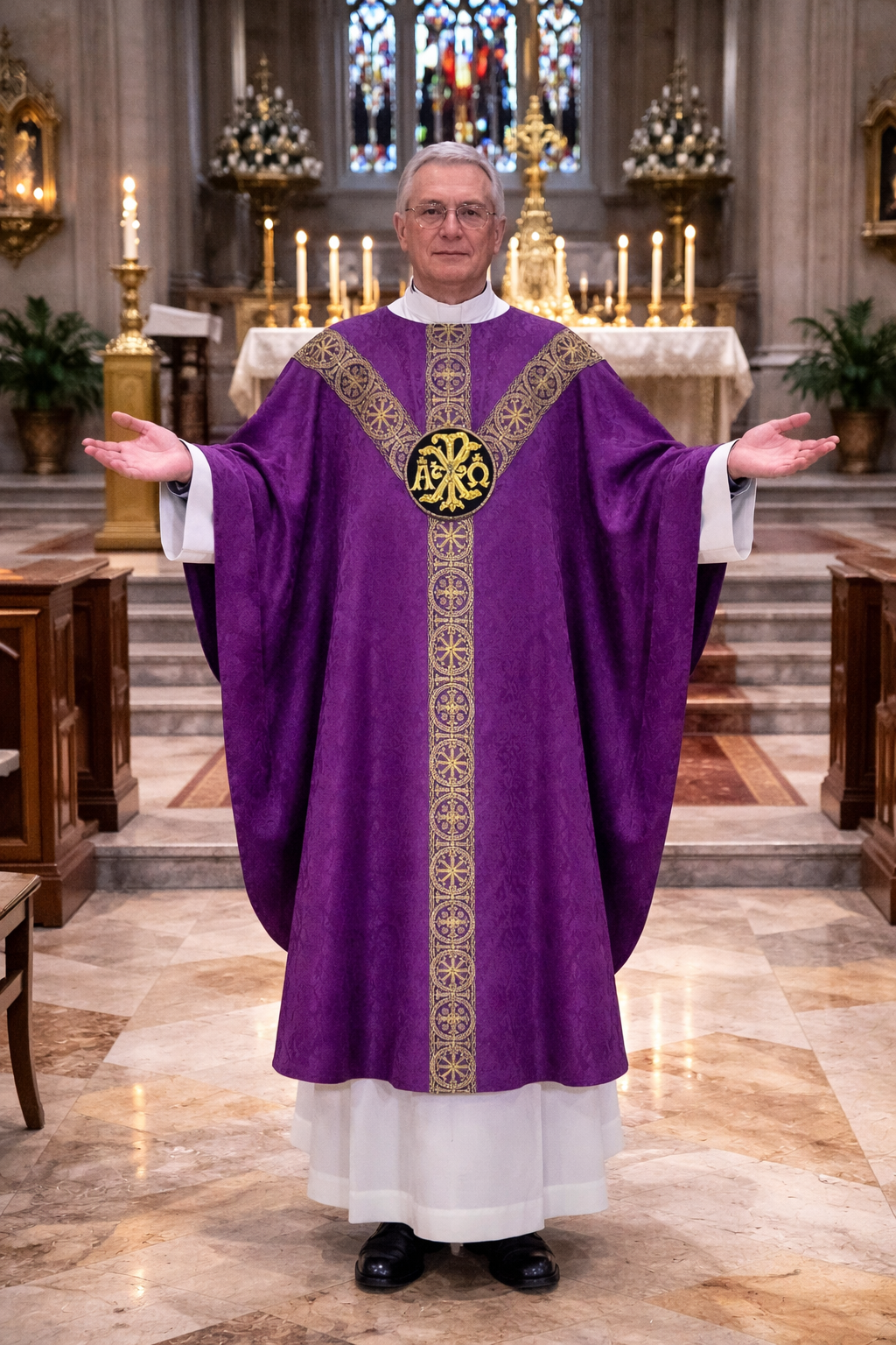 Chi Rho and Alpha Omega priest in purple liturgical  gothic vestment with gold embroidery in a church setting