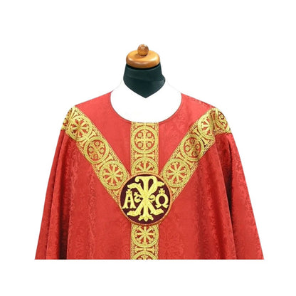 Chasuble with embroidered chi rho and alpha omega on damask. Made in Poland and sold by The Clergy Store