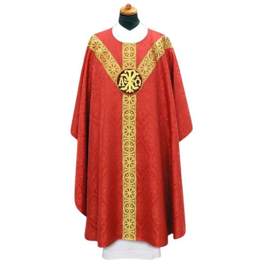 Chasuble with embroidered chi rho and alpha omega on damask. Made in Poland and sold by The Clergy Store