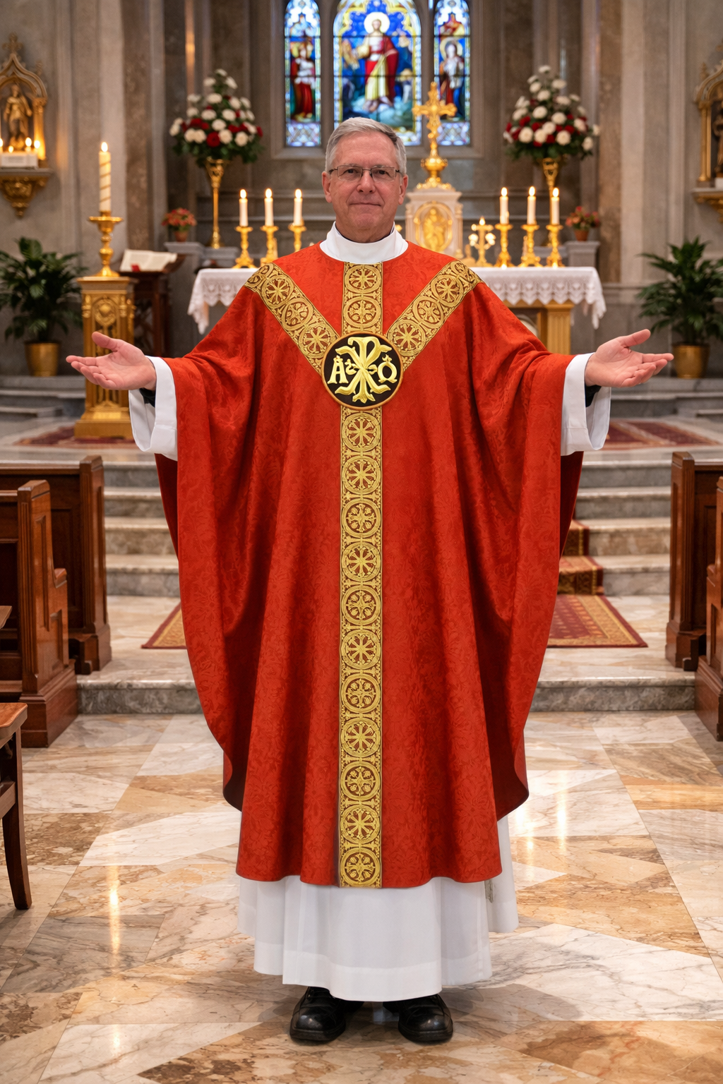 Chi Rho and Alpha Omega priest in red liturgical  gothic vestment with gold embroidery in a church setting