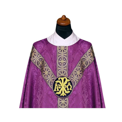 Chasuble with embroidered chi rho and alpha omega on damask. Made in Poland and sold by The Clergy Store