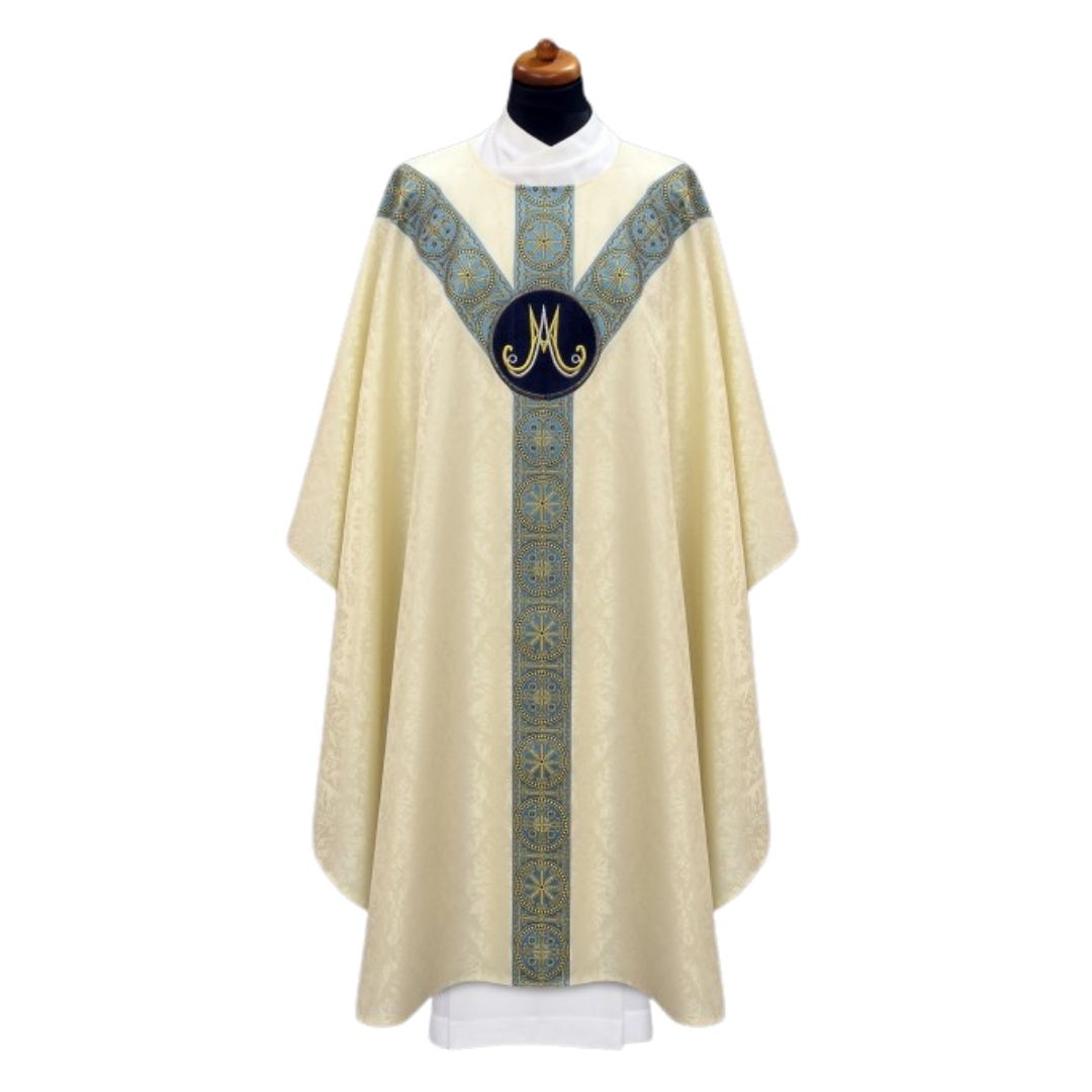 Marian Chasuble  St. Andrew style with velvet medallion on ivory damask and trimmed with high quality galloon bands.