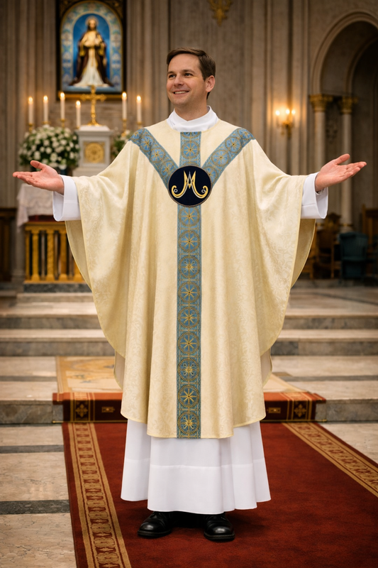 Priest in liturgical vestments standing in a church with altar and statue in the background
