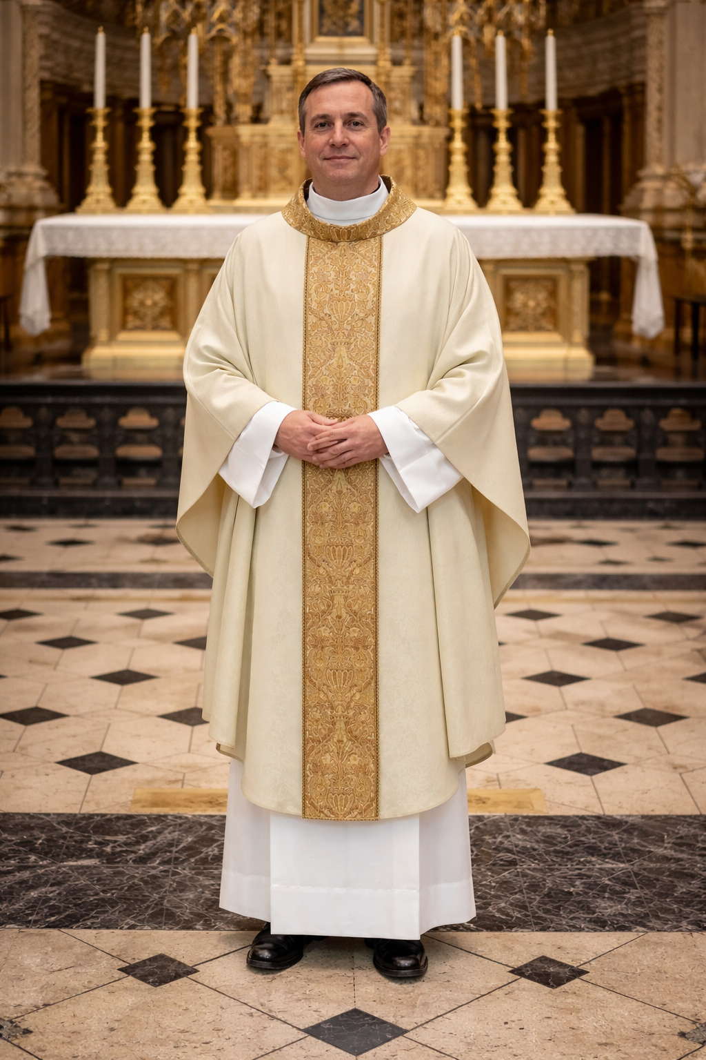Priest in liturgical vestments standing in a church interior.