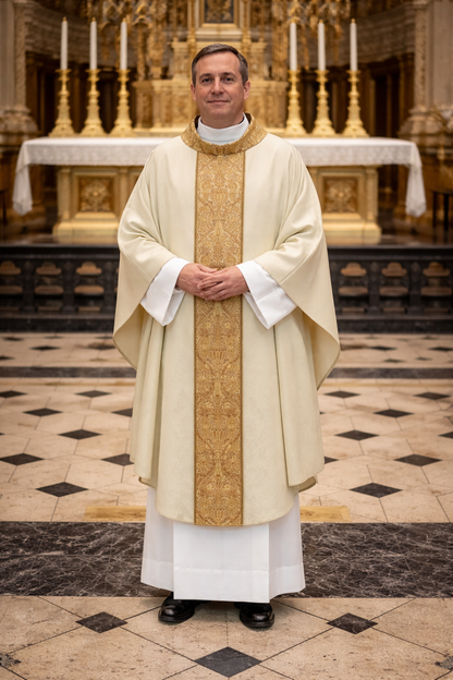 Priest in liturgical vestments standing in a church interior.