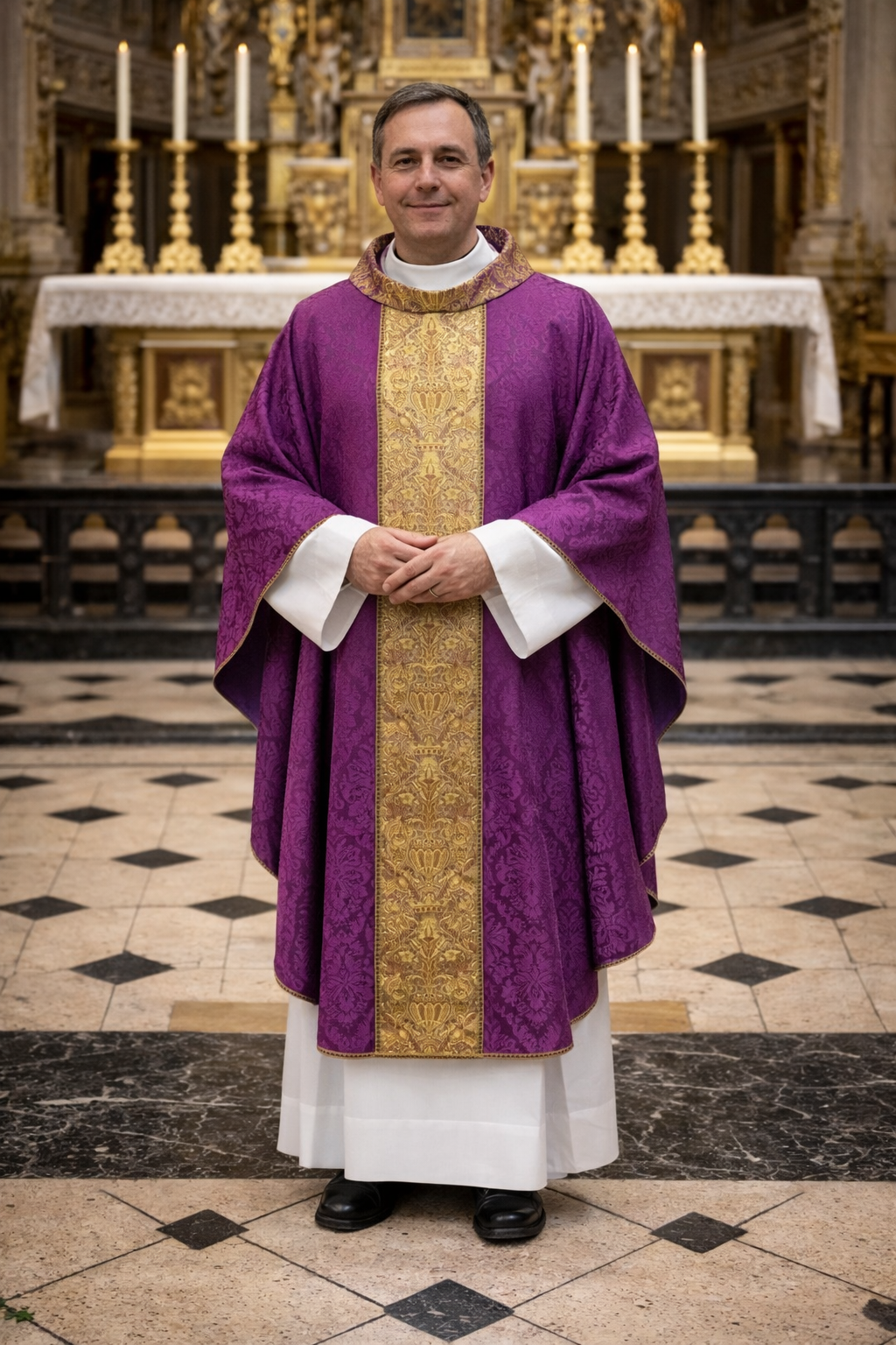 Priest in purple and gold vestments standing in a church with an altar and candles in the background.