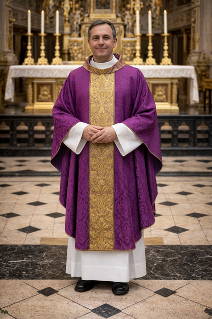 Priest in purple and gold vestments standing in a church with an altar and candles in the background.