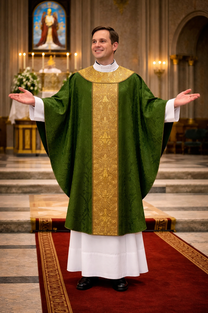 Priest in a green and gold vestment standing in a church setting