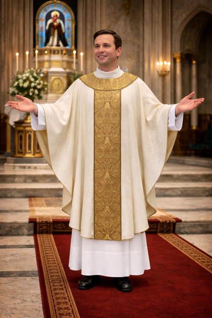 Priest in liturgical vestments standing in a church with altar and flowers in the background