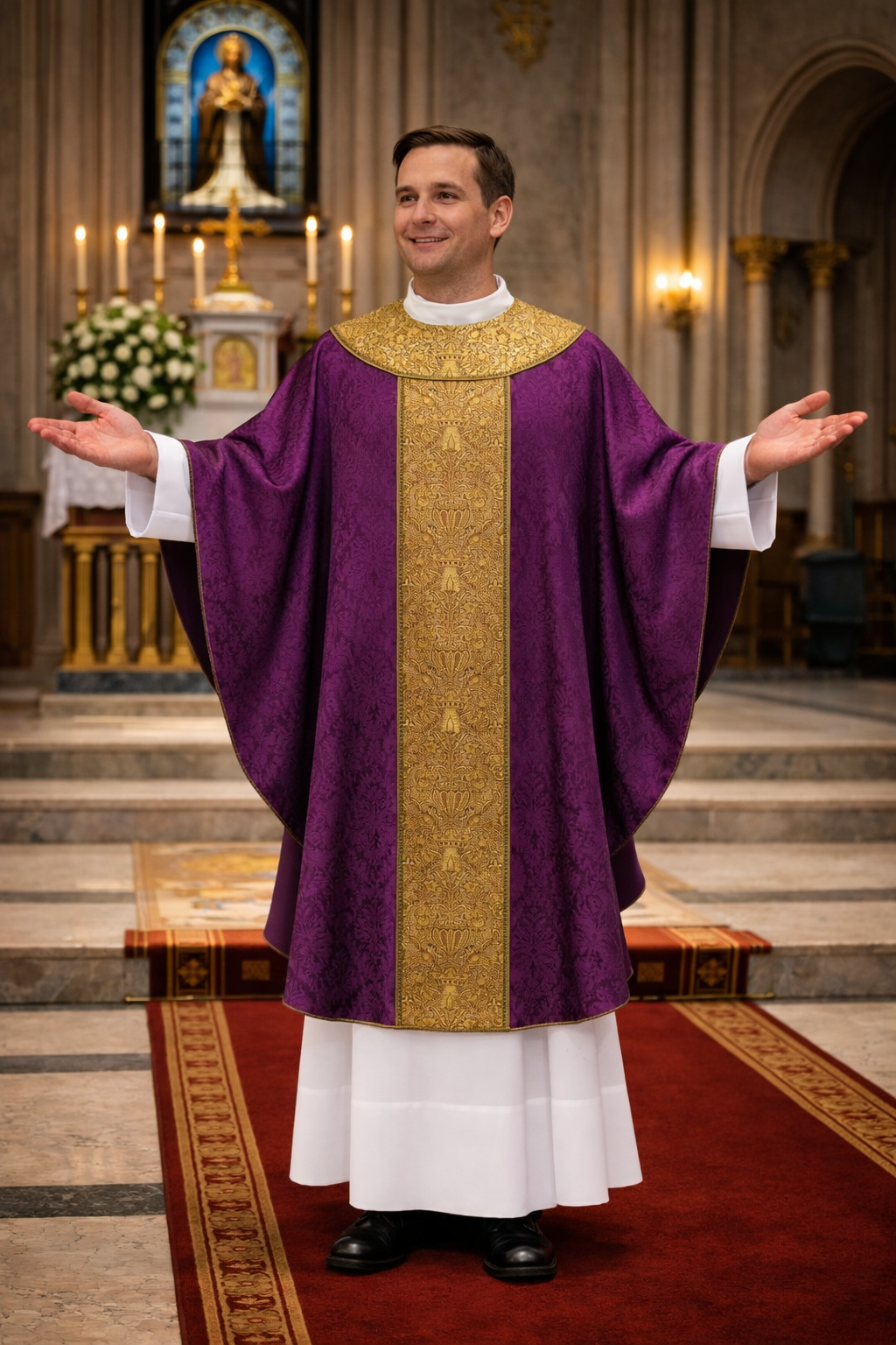 Priest in purple and gold vestment standing in a church setting
