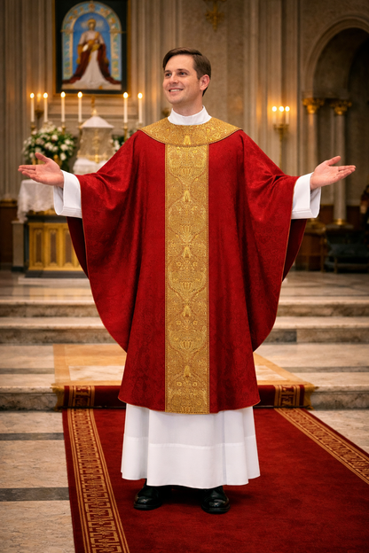 Priest in red and gold vestment standing in a church interior