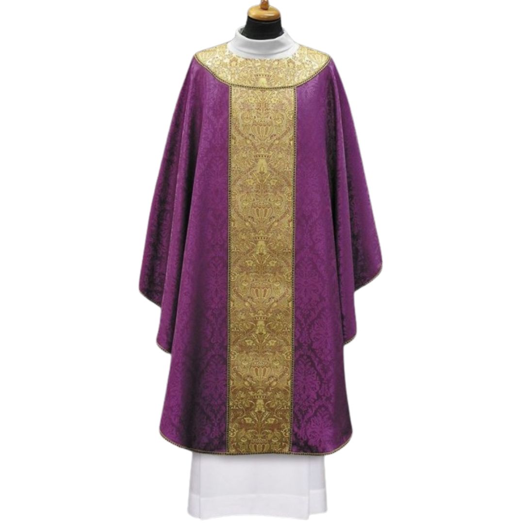 Canterbury Chasuble with brocade on lighweight damask. Made in Poland and sold by The Clergy Store