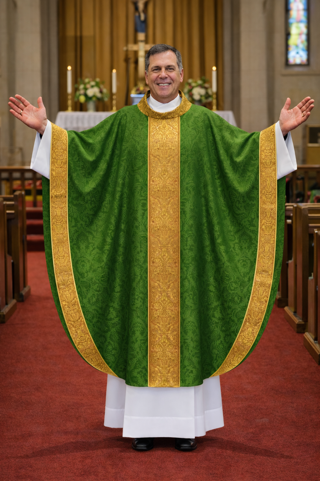 Priest in a green damask and gold vestment standing in a church.