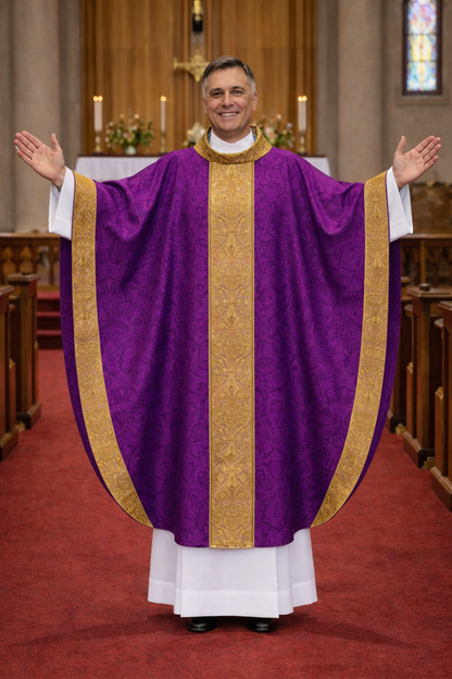 Priest in a purple damask and gold vestment standing in a church setting with stained glass window.