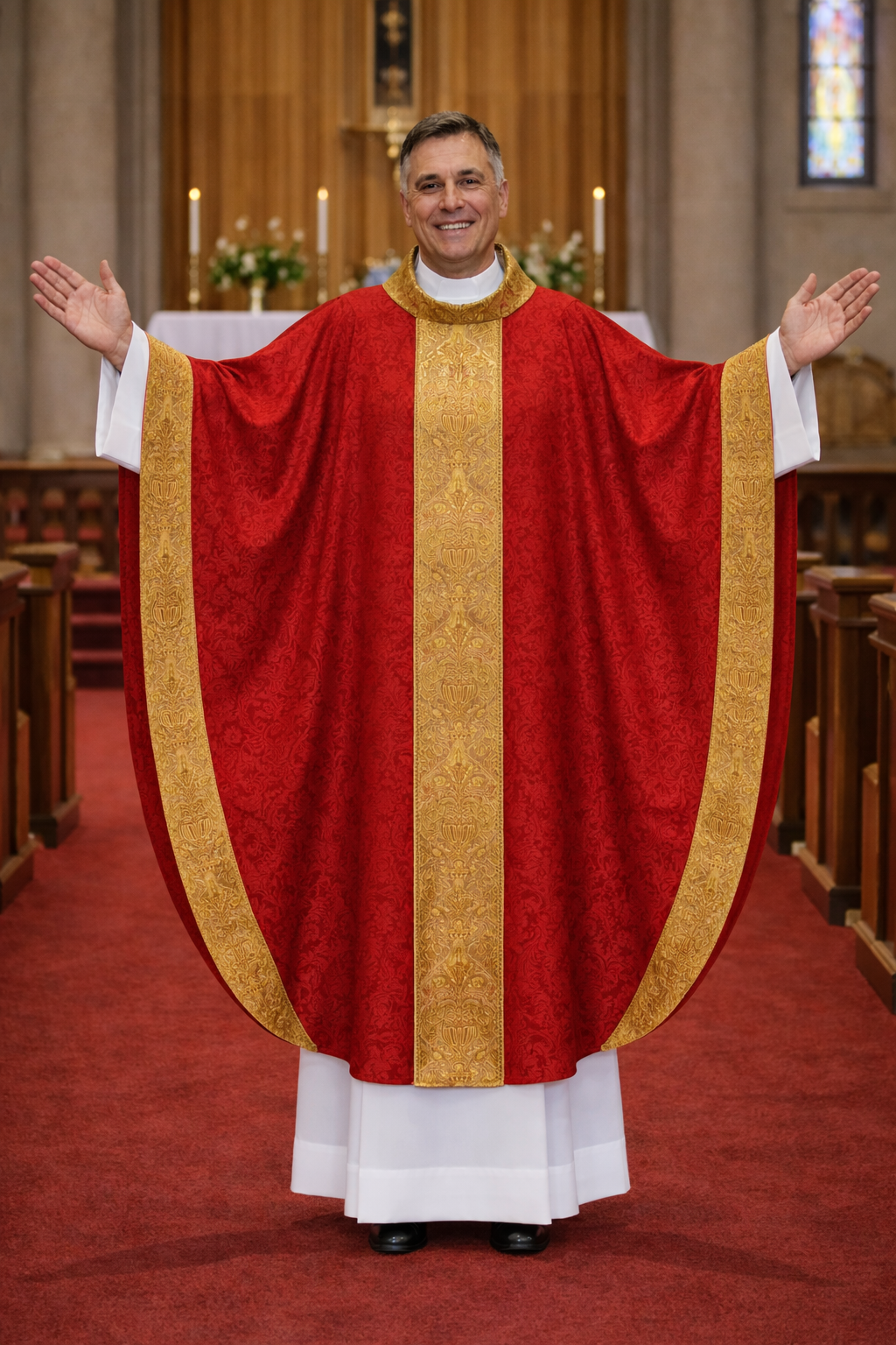 Priest wearing a red damask and gold liturgical vestment in a church setting