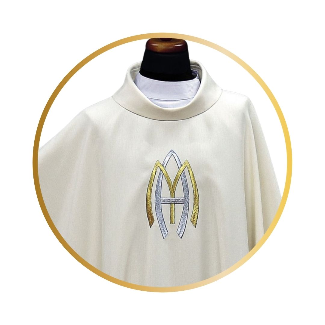 Ava Maria chasuble with embroidered lilly's and trimmed in gold.