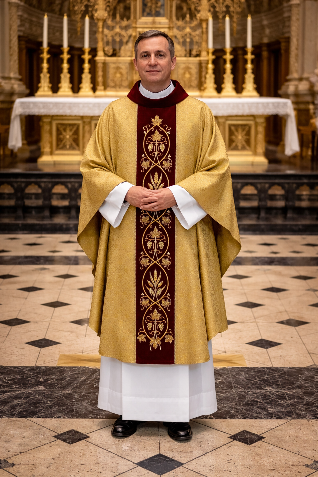 Priest in liturgical vestments standing in a cathedral setting