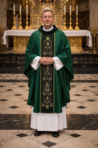 Priest in green and white vestments standing in a church with a large altar in the background.