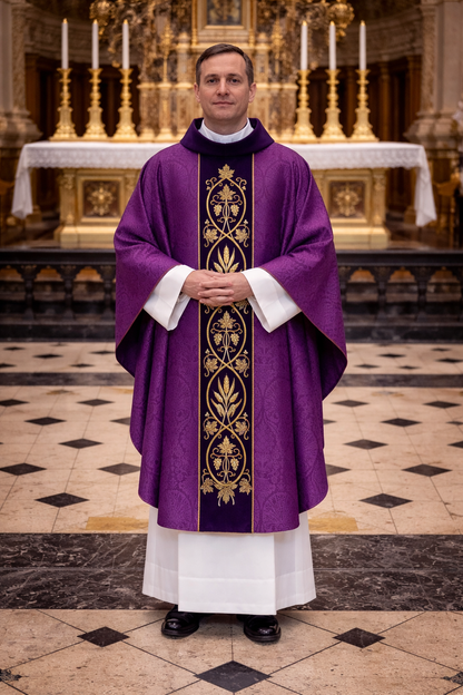 Priest in purple vestment with gold embroidery standing in a church.