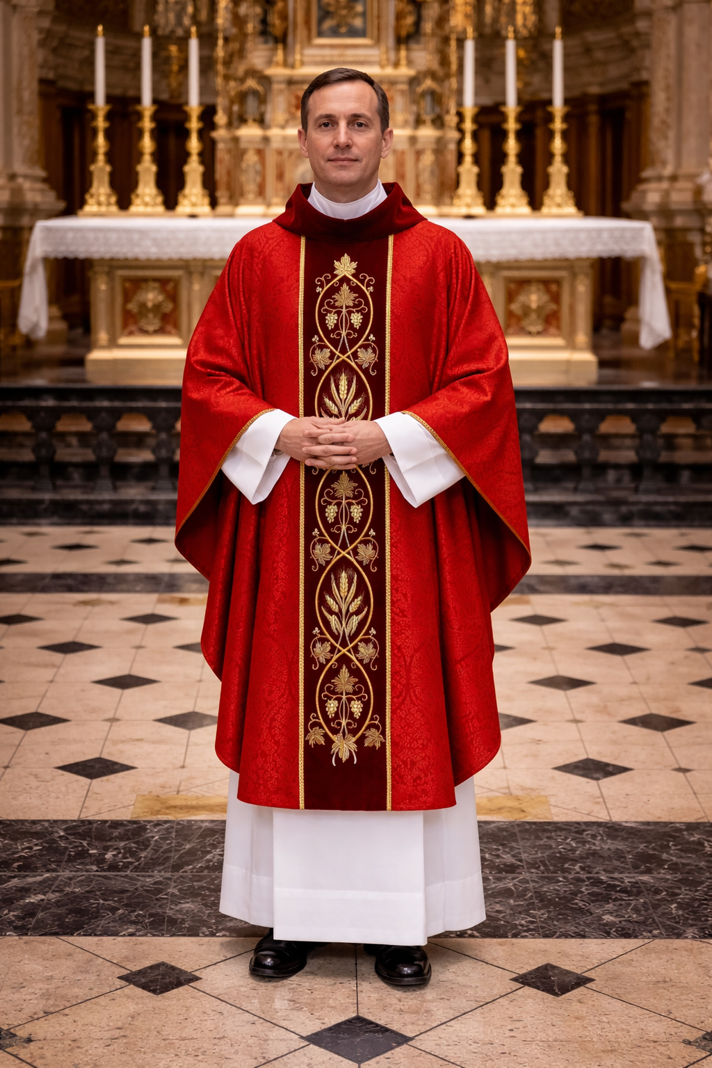 Priest in red liturgical vestment standing in a church interior.