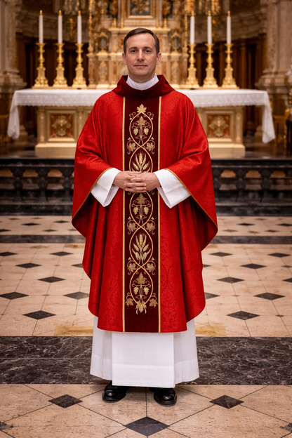Priest in red liturgical vestment standing in a church interior.