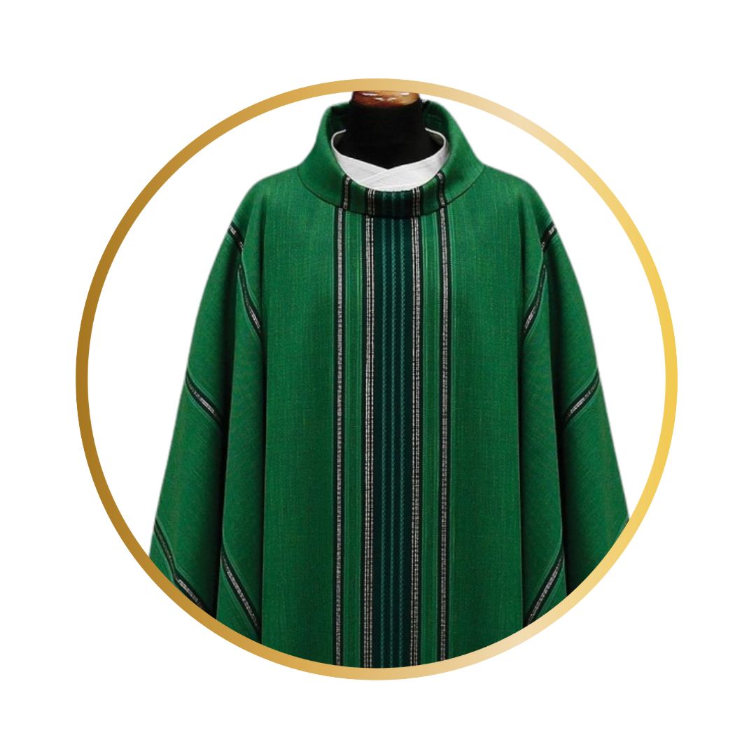 Handwoven chasuble 100% wool green with black stripe. Monastic style with cowl collar.