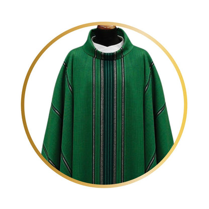 Handwoven chasuble 100% wool green with black stripe. Monastic style with cowl collar.