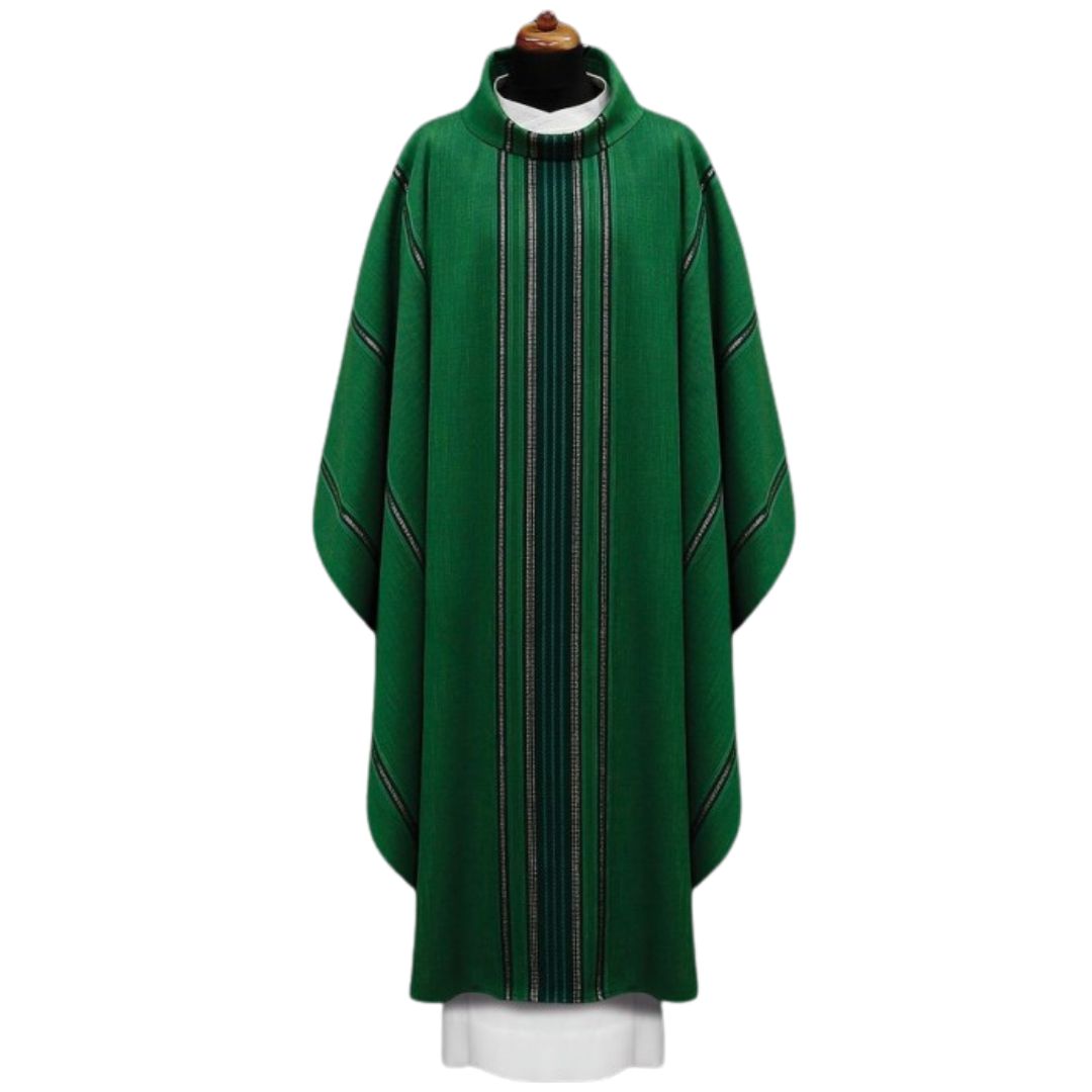 Handwoven chasuble 100% wool green with black stripe. Monastic style with cowl collar.