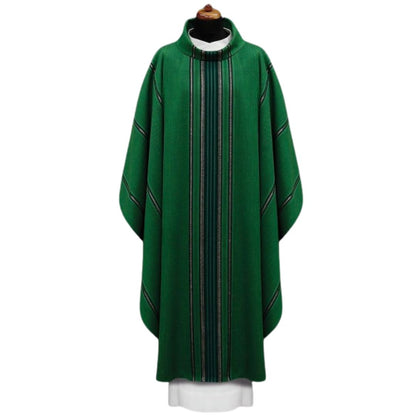 Handwoven chasuble 100% wool green with black stripe. Monastic style with cowl collar.