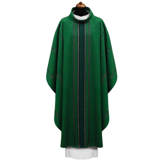 Handwoven chasuble 100% wool green with black stripe. Monastic style with cowl collar.