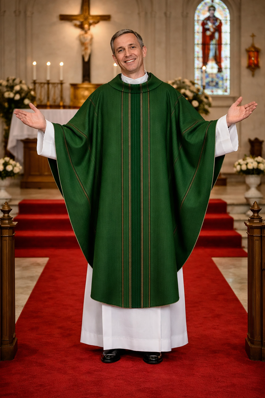 Priest in a green and white robe standing in a church with stained glass windows and red carpet.