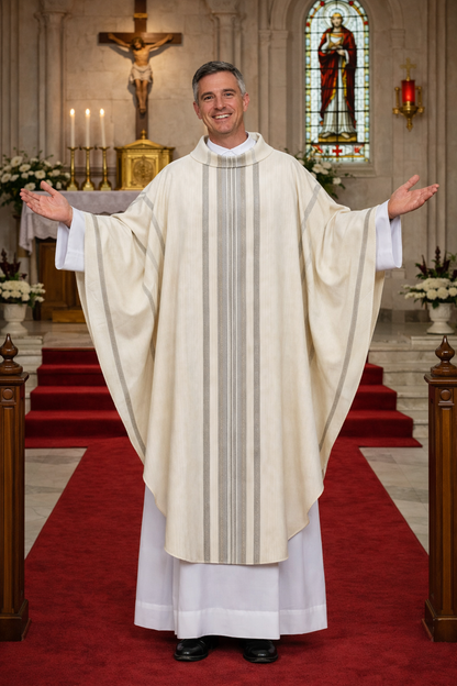 Priest in liturgical vestments standing in a church with stained glass and altar in the background