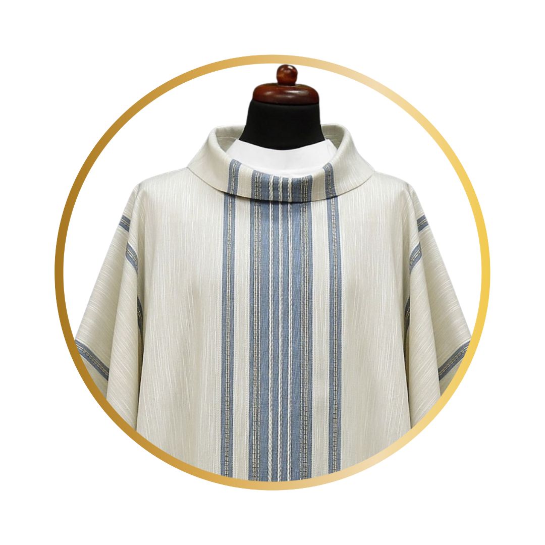 Handwoven chasuble 100% wool blue stripe. Monastic style with cowl collar.