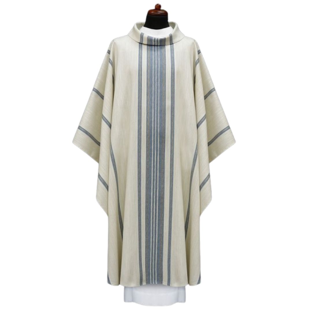 Handwoven chasuble 100% wool blue stripe. Monastic style with cowl collar.