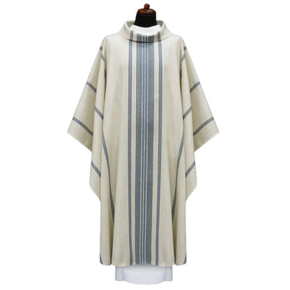 Handwoven chasuble 100% wool blue stripe. Monastic style with cowl collar.