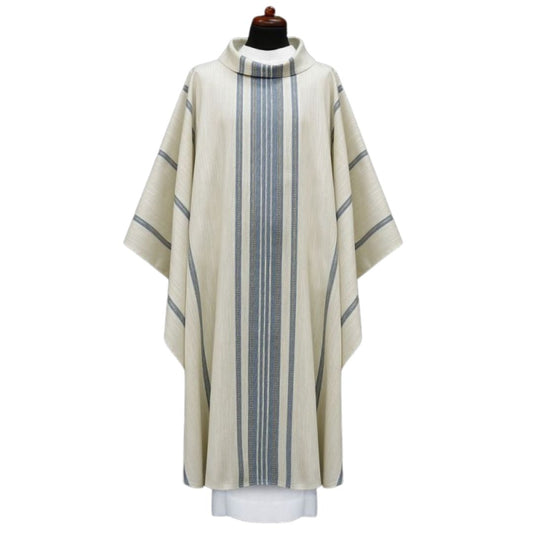 Handwoven chasuble 100% wool blue stripe. Monastic style with cowl collar.