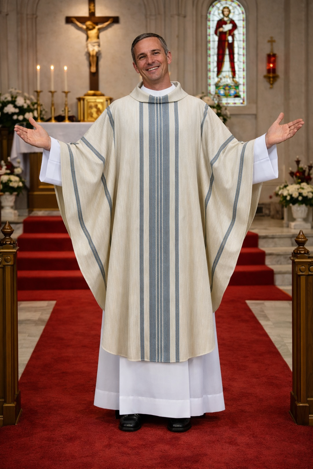 Handwoven chasuble 100% wool blue stripe. Monastic style with cowl collar.