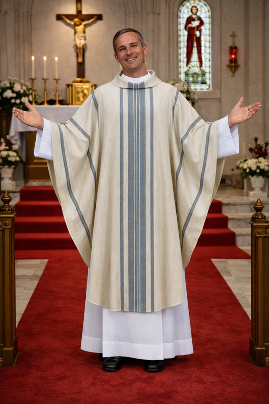 Handwoven chasuble 100% wool blue stripe. Monastic style with cowl collar.